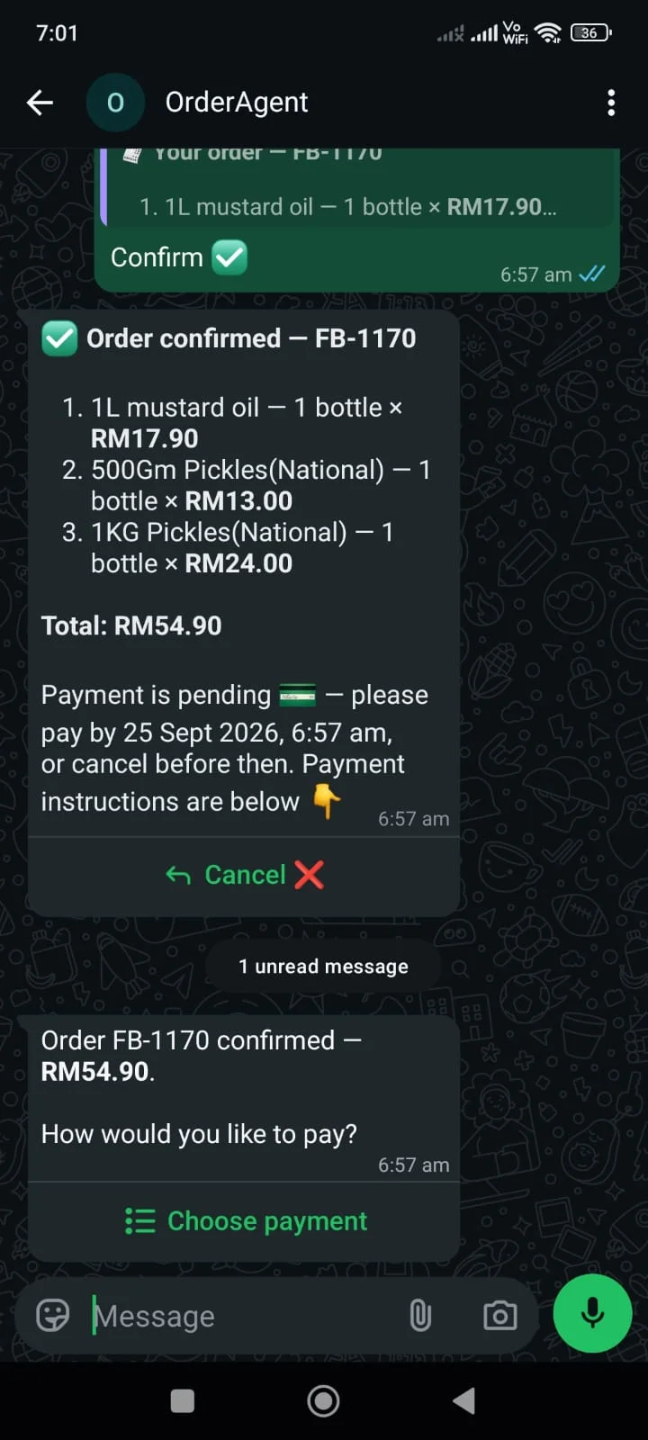 A confirmed order inside a real WhatsApp conversation