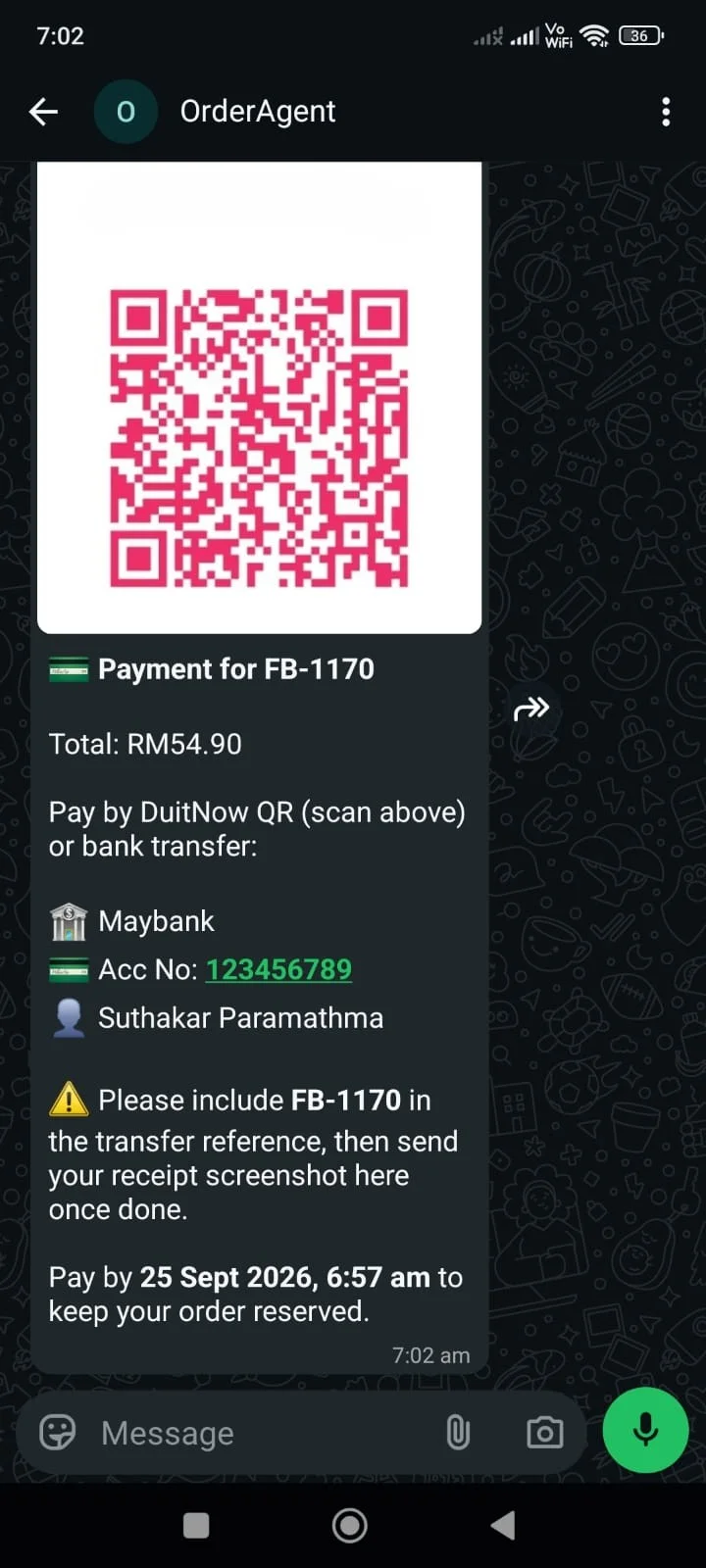 The payment QR and bank details sent after an order is confirmed