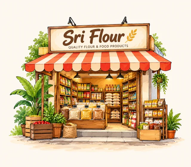 Illustration of a small flour and food shop front